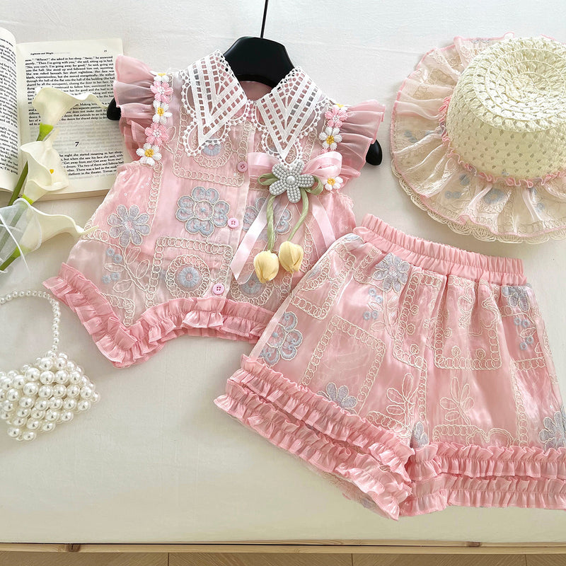 3D Flower Flying Sleeve Top Bow Lace Shorts Two-piece Set