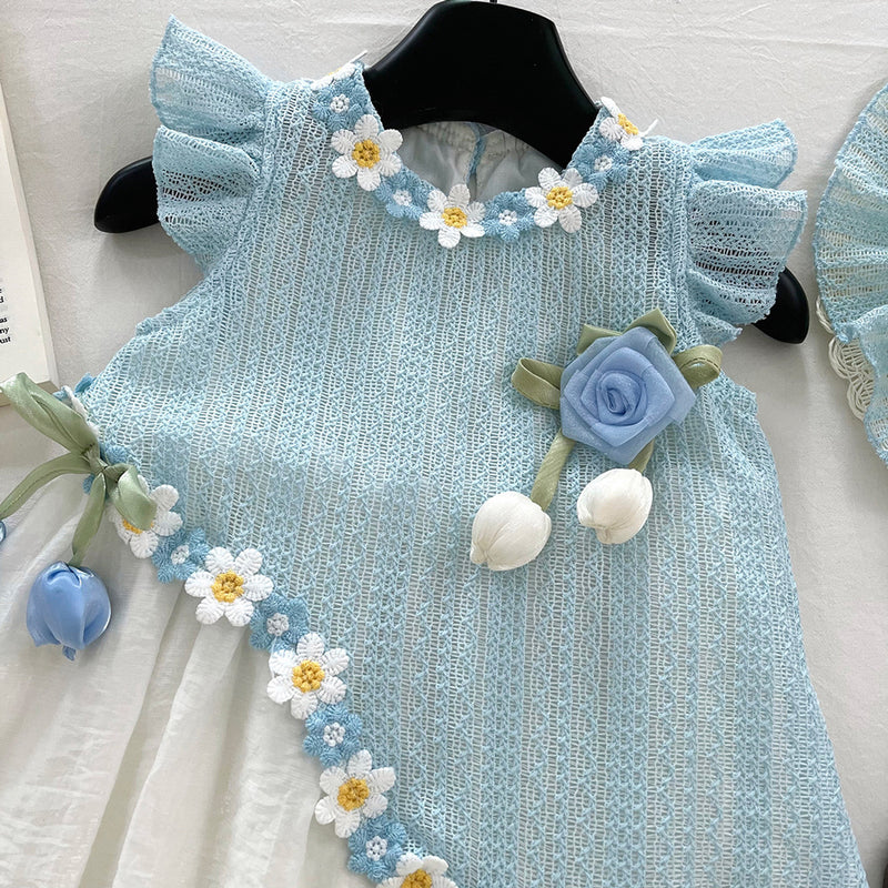 Girls Summer Flying Sleeve Lace Splicing Princess Dress