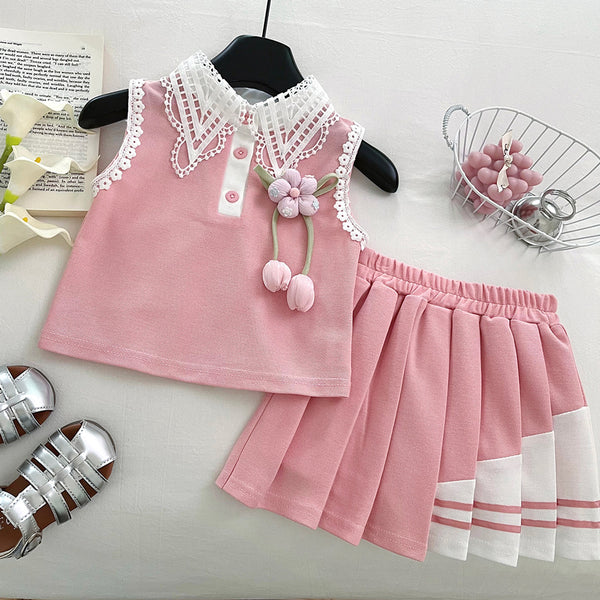 Girls Summer Bowknot Sleeveless Top and Skirt Two-Piece Set