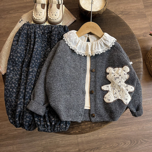 Girls' New Knitted Cardigan Top and Pants Three-piece Set