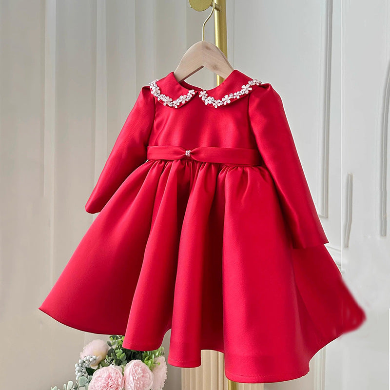 Cute Baby Girl with Flower Doll Collar Red Princess Dress Girl Toddler First Communion Dress