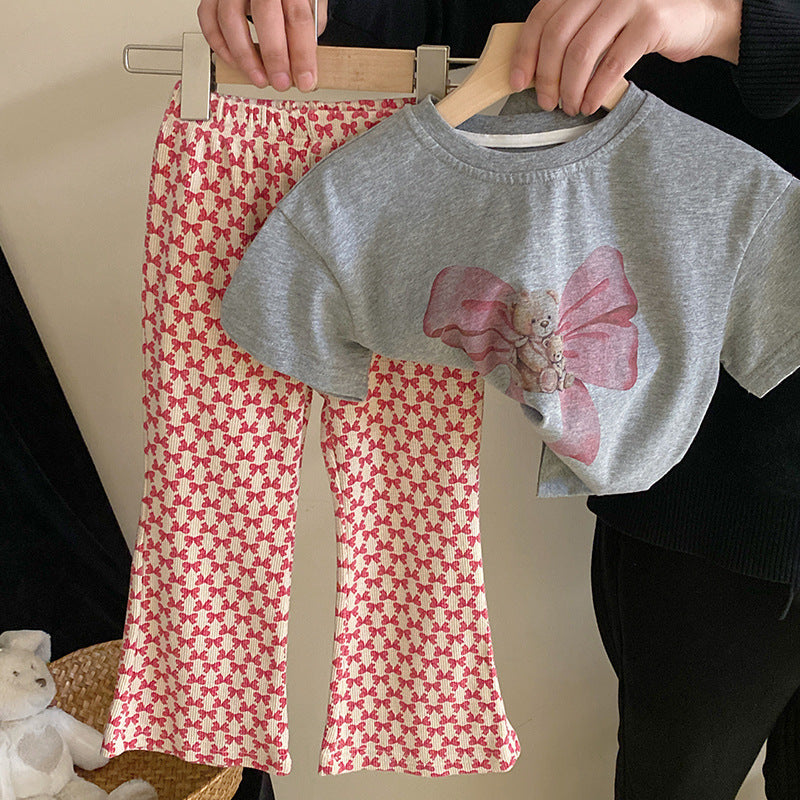 Cute Bow Short-sleeved Pattern Trousers Toddler Two Piece Set
