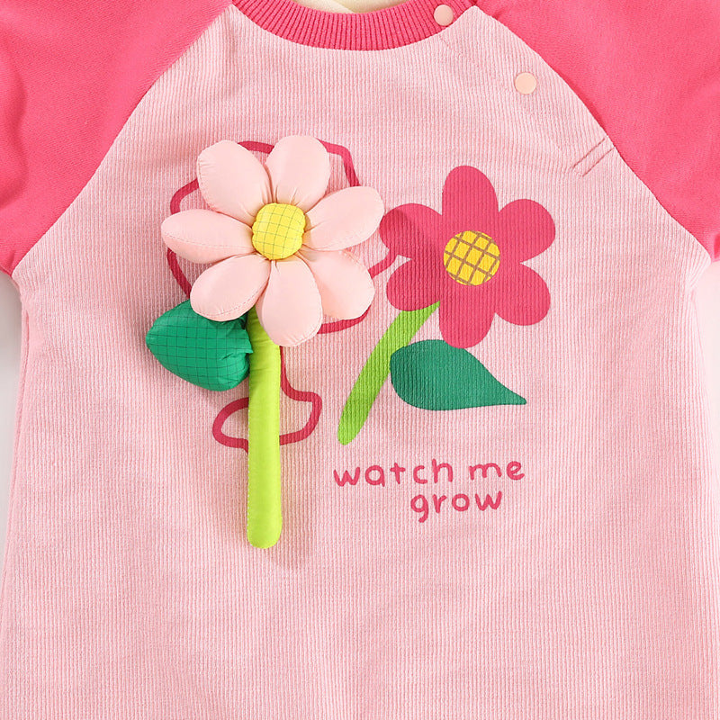 Pink Raglan Sleeve Velvet Petite Flower Baby Romper
