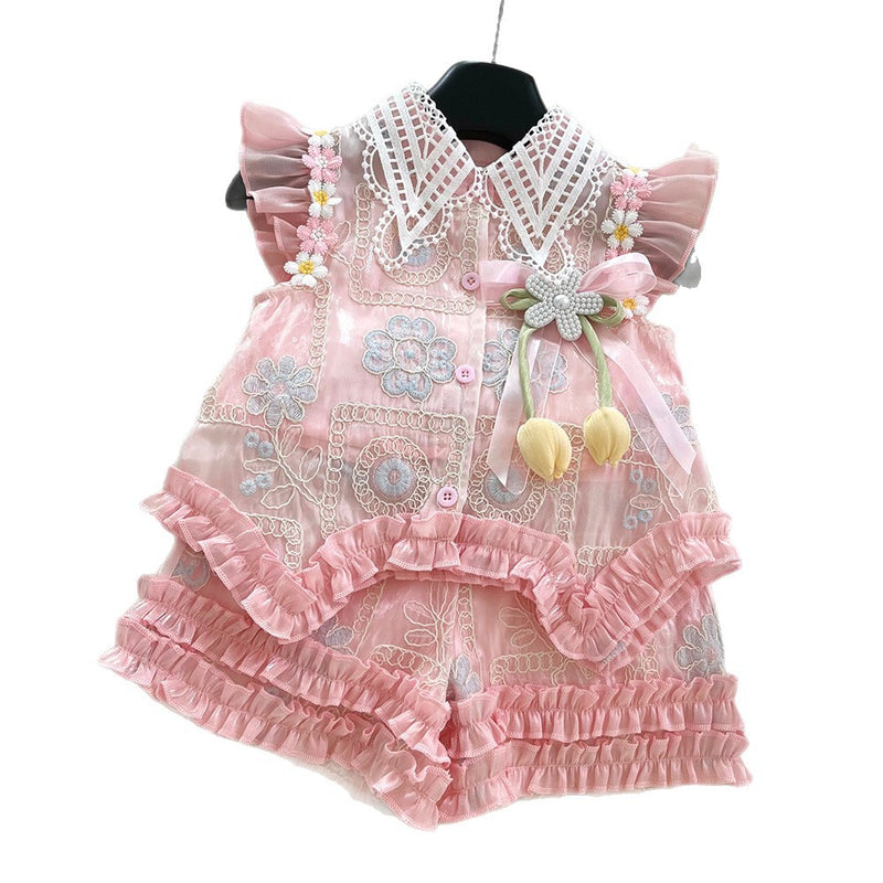 3D Flower Flying Sleeve Top Bow Lace Shorts Two-piece Set