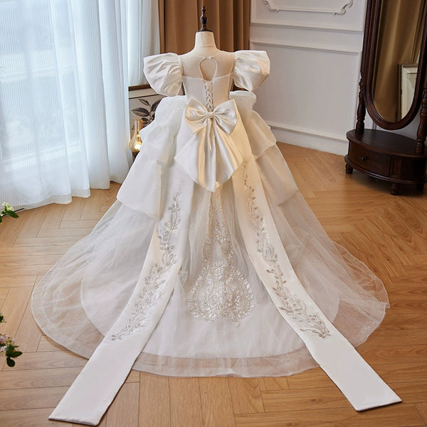 Elegant Baby Girls White Puffy Birthday Trailing Dress Toddler Prom Dress