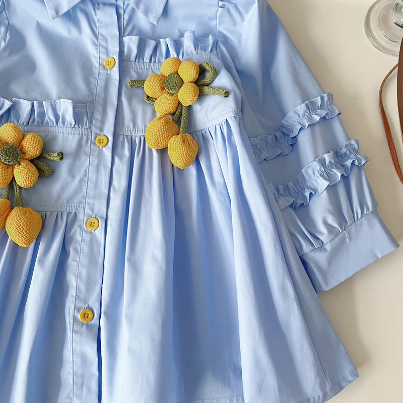 Girls' Sunflower Irregular Long-sleeved Shirt Dress