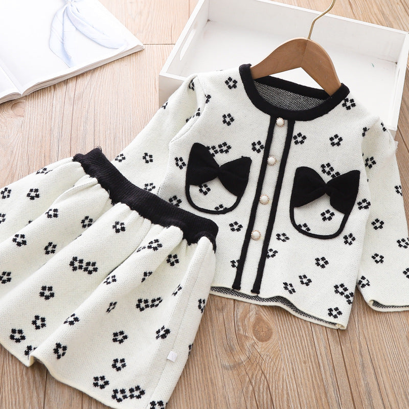 Cute Baby Girl Bow Sweater Dress Printed Two Piece Winter Dresses