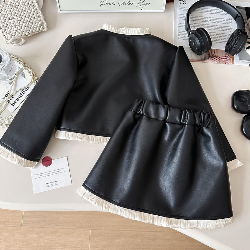 Girls Autumn Lace PU Leather Jacket Short Skirt Two-Piece Set