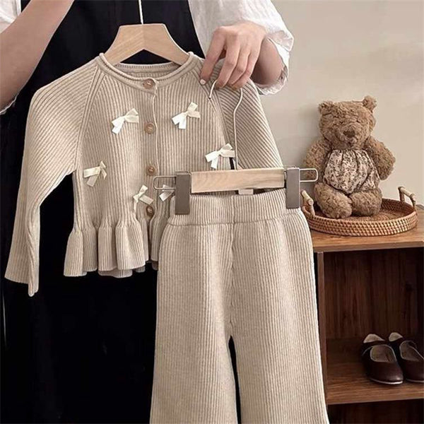 Girls' Autumn Knitted Cardigan Top and Pants Two-Piece Set