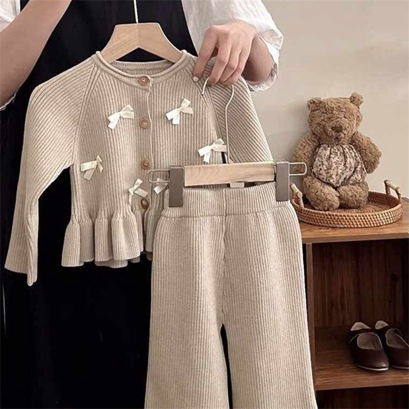 Girls' Autumn Knitted Cardigan Top and Pants Two-Piece Set