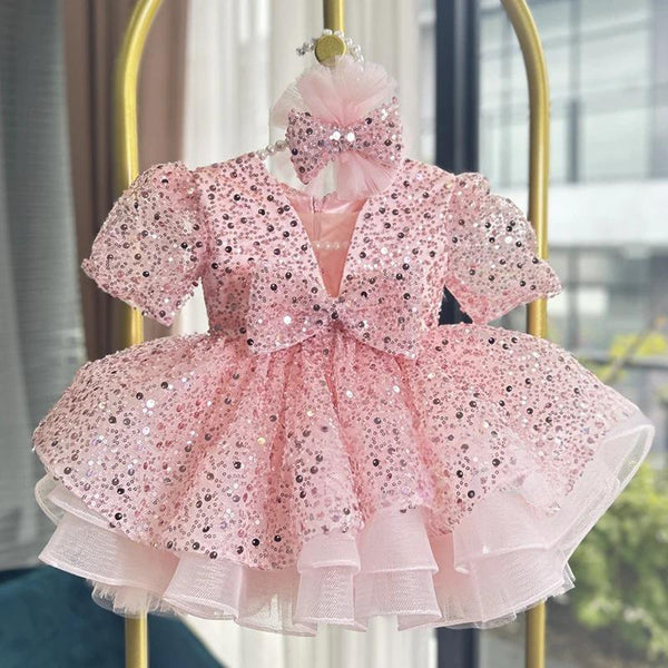Girls Pink Party Dress Flower Girl Princess Dress Girls Sequin Birthday Dress