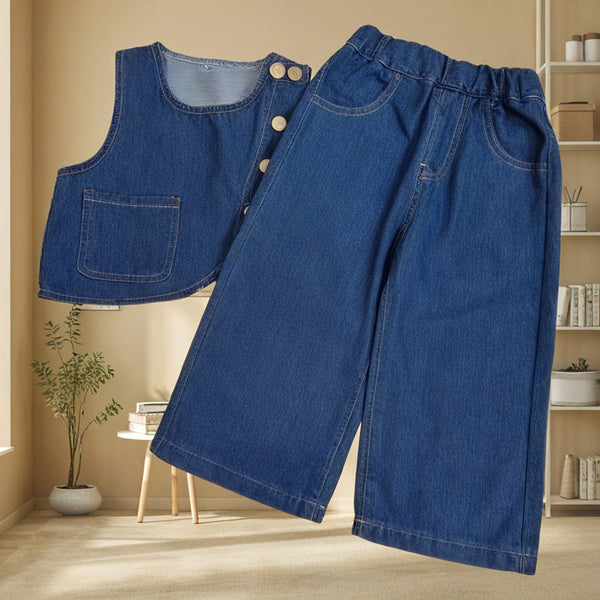 Girls' Denim Vest Bottoming Shirt and Straight Pants Three-piece Set