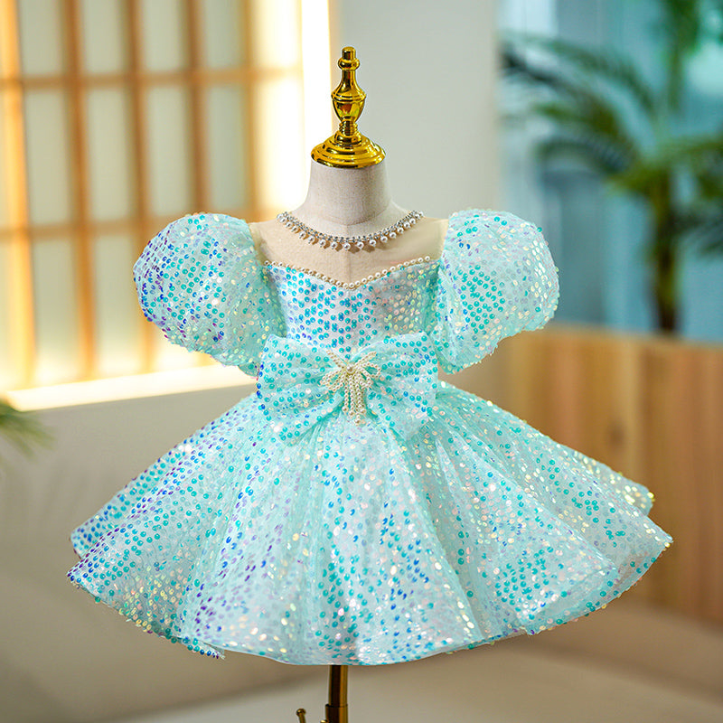 cute princess dresses Toddler Prom Dress Girl Summer Puff Sleeves Pageant Flower Fluffy Cute Princess Dress, Green / 1-2 Years (90cm)