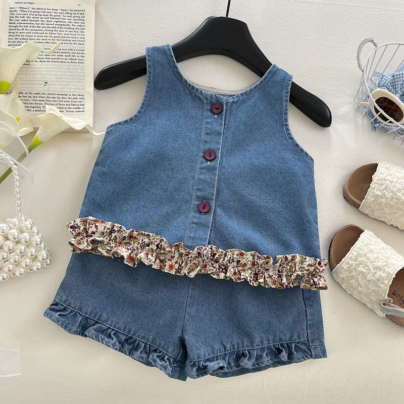 Girls Summer New Lace Soft Denim Vest Shorts Two-piece Set