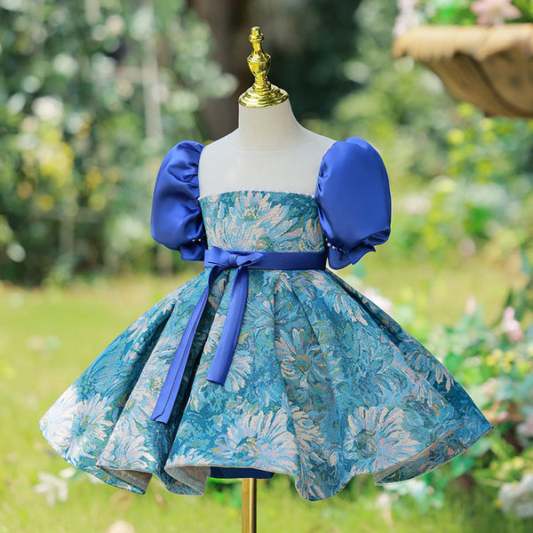 Cute Baby Girl Garden Oil Painting Style Puff Sleeve Princess Dress Toddler Evening Dress