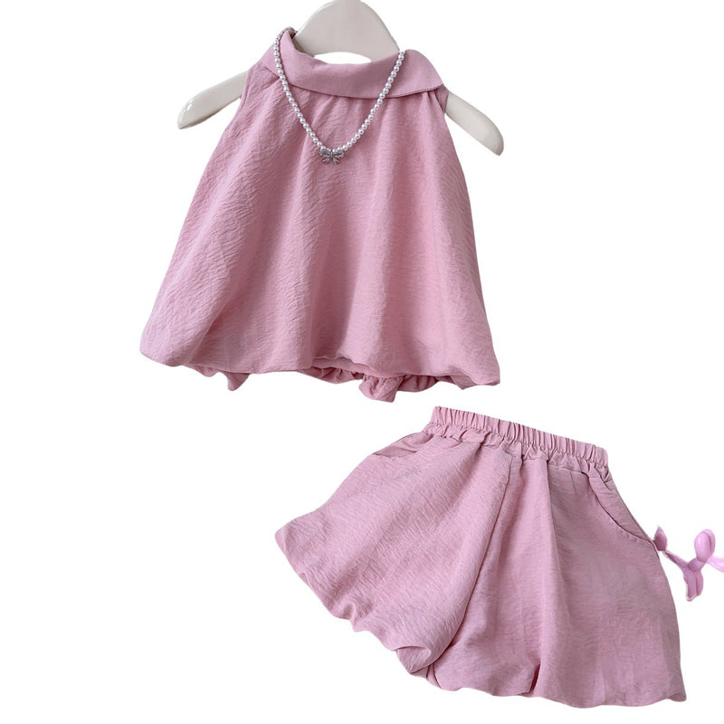 Girls Summer New Style Vest Flower Bud Shorts Two-piece Set