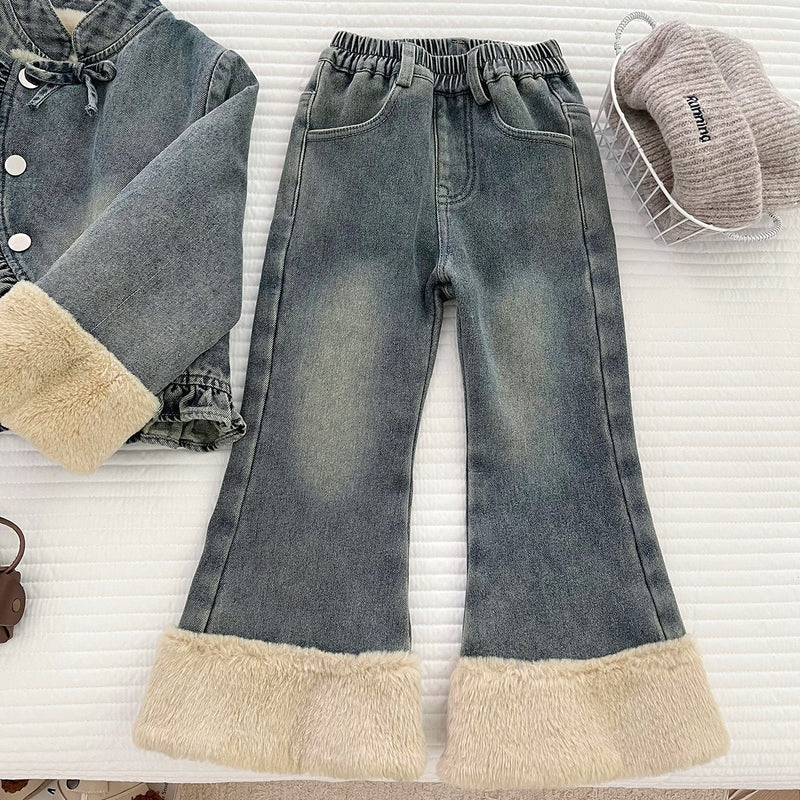 Girls' Winter Denim Jacket Flared Jeans Two-piece Set