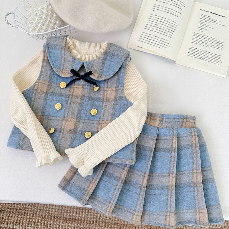 Girls' Winter Fleece-Lined Plaid Vest and Skirt Two-Piece Set