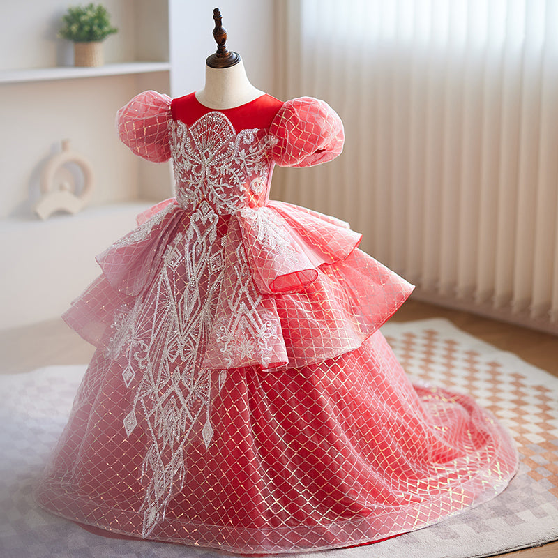 Toddler Ball Gowns Girl Pageant Rhombus Yarn Puffy Dress Pageant Princess Dress