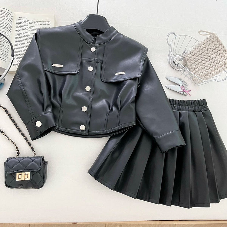New Girls' Lapel Leather Jacket and Skirt Two-Piece Set