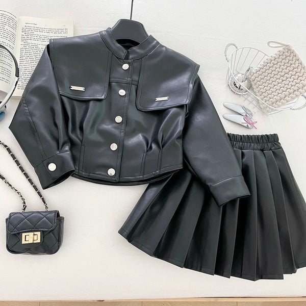 New Girls' Lapel Leather Jacket and Skirt Two-Piece Set