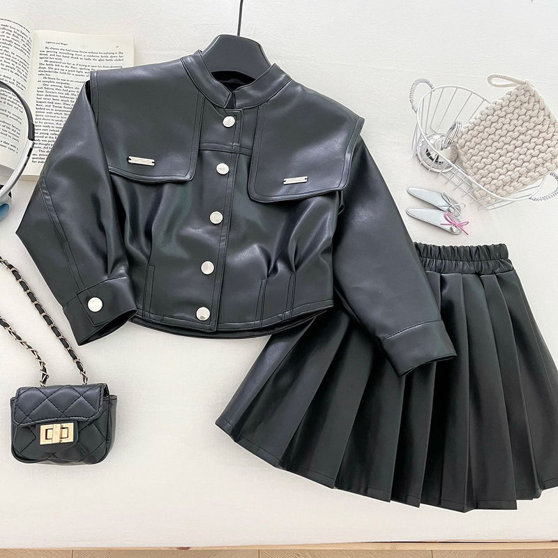 New Girls' Lapel Leather Jacket and Skirt Two-Piece Set