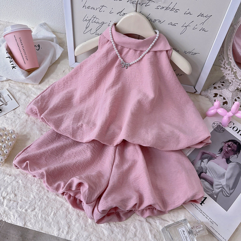 Girls Summer New Style Vest Flower Bud Shorts Two-piece Set