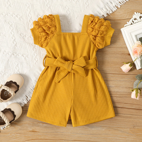 Baby Summer Square Neck Puff Sleeve Belt Jumpsuit Shorts