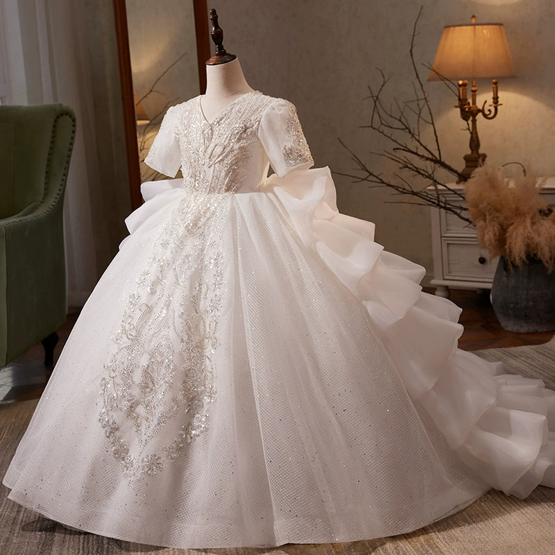 Elegant Baby Girls White V-neck Floral Mesh Puffy Princess Dress Toddler Flower Girl Long Tail Dress Elegant Baby Girls White V-neck Floral Mesh Puffy Princess Dress Toddler Flower Girl Long Tail Dress