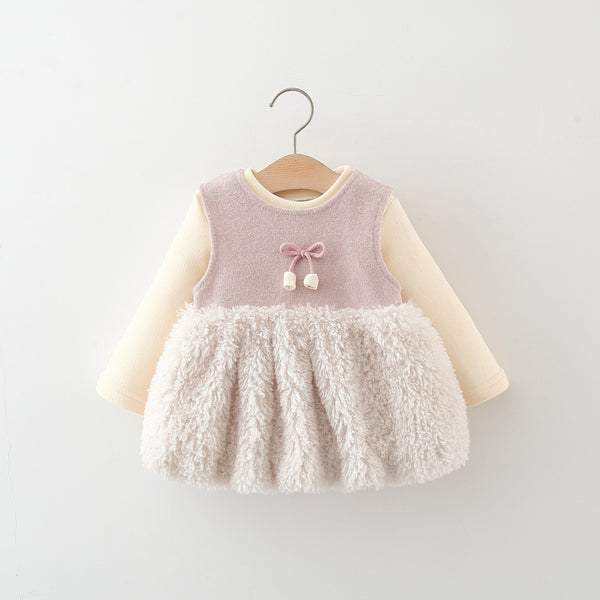 Girls' Winter Fleece Top Fur Vest Dress Two-piece Set