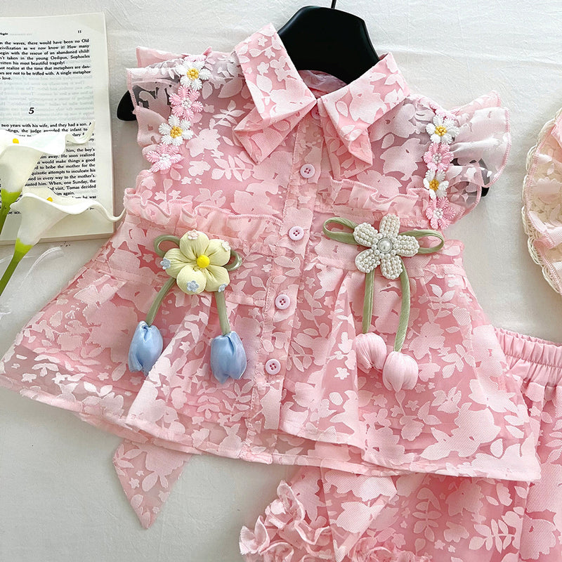 Summer Girls Pink Three-Dimensional Flower Suit Princess Style Backless Lace Shorts Two-Piece Suit