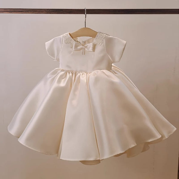 Elegant Baby White Bow Christening Dresses Toddler Baptism Puffy Dresses