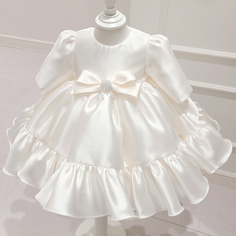 satin baptism dress Simple Satin Baby Girls Flower Girl Dress Baptism with Cap Sleeves