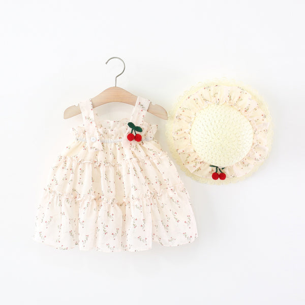 Girls Summer Sleeveless Cherry Chiffon Camisole Princess Dress