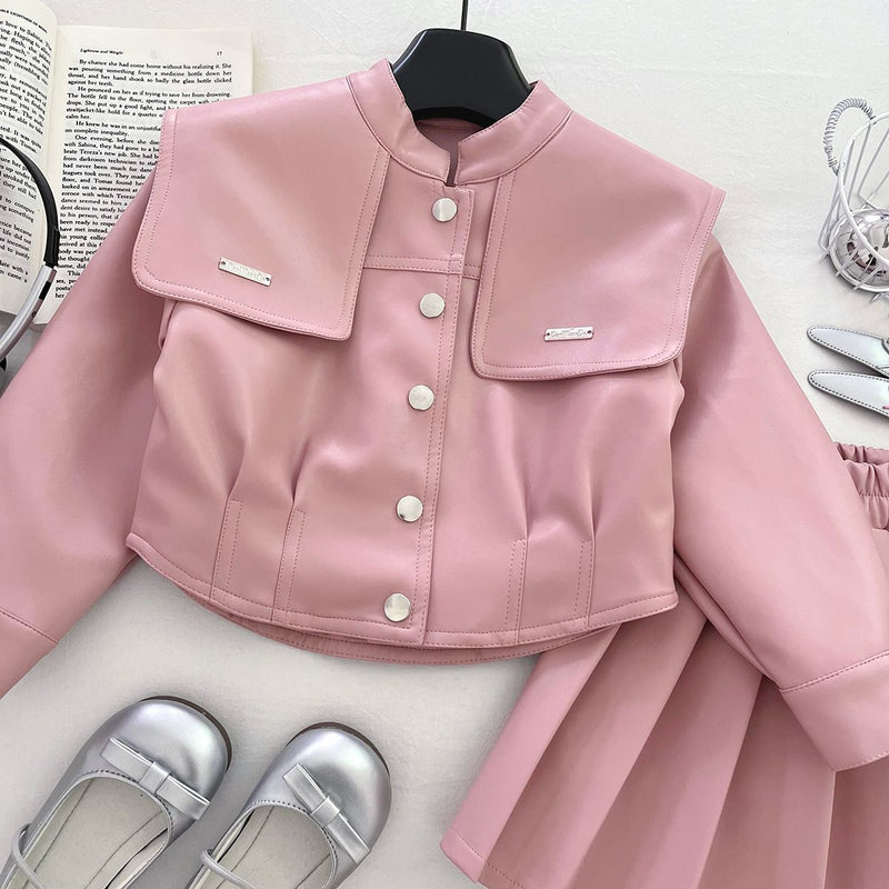 New Girls' Lapel Leather Jacket and Skirt Two-Piece Set