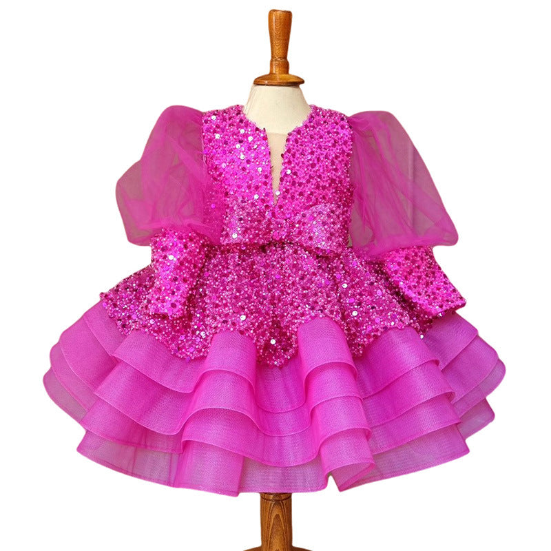 Elegant Baby Girl Sequined Mesh Puff Sleeve Puff Dress Girl Toddler First Communion Princess Dress