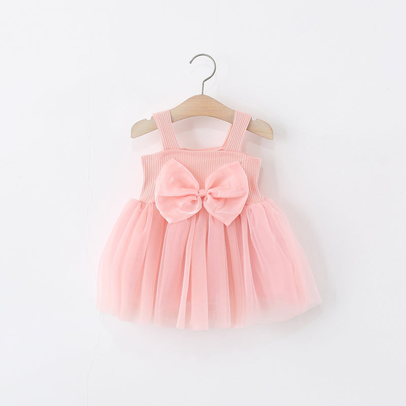 Girls Summer Bowknot Suspender Mesh Princess Vest Dress