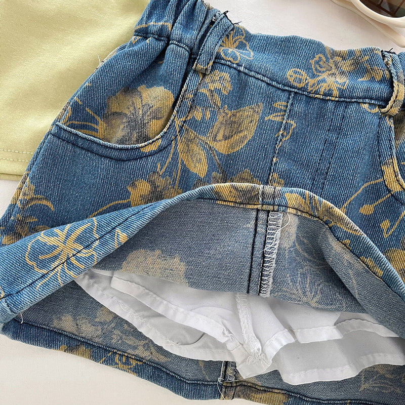 Girls Summer Printed T-shirt Denim Skirt Two-piece Set