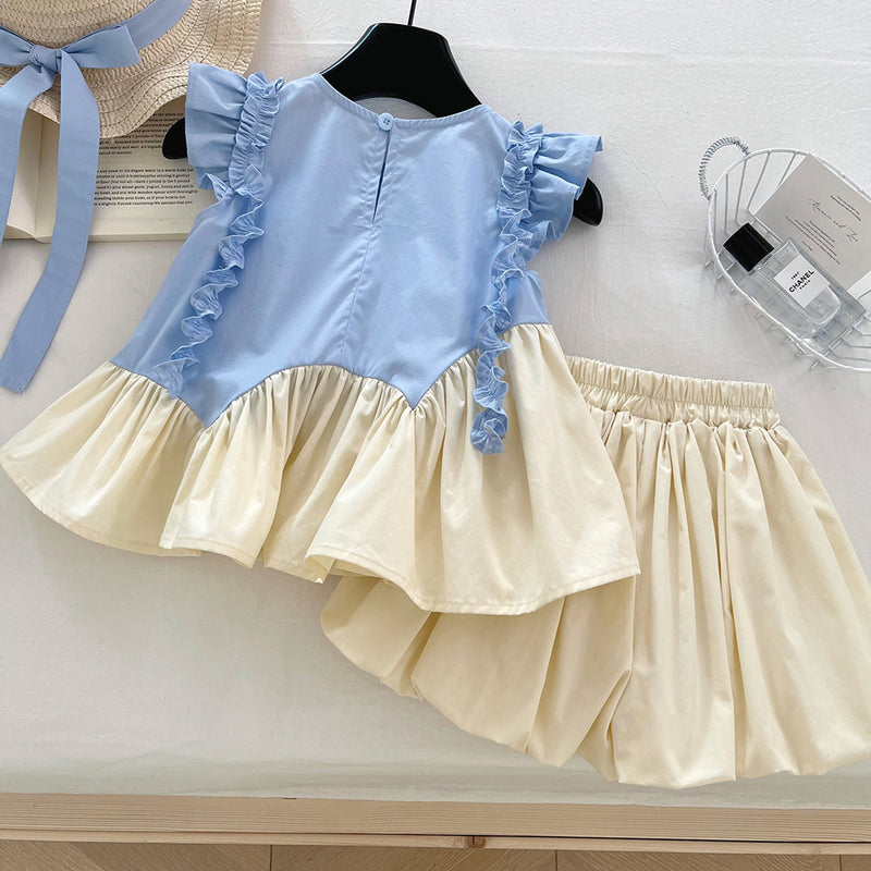 Girls' New Flower Color Matching Top Shorts Two-piece Set