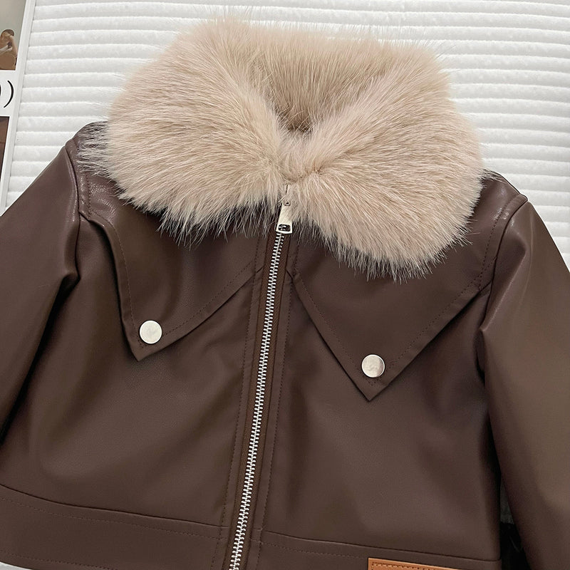 Girls' Winter PU Leather Jacket and Skirt Two-Piece Set