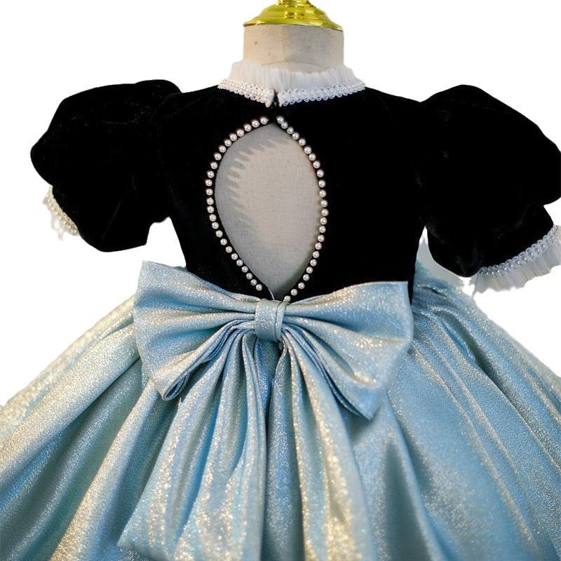 Sweet Baby Girls Black and Blue Puff Sleeve Backless Bow Princess Dress Toddler Ball Gowns