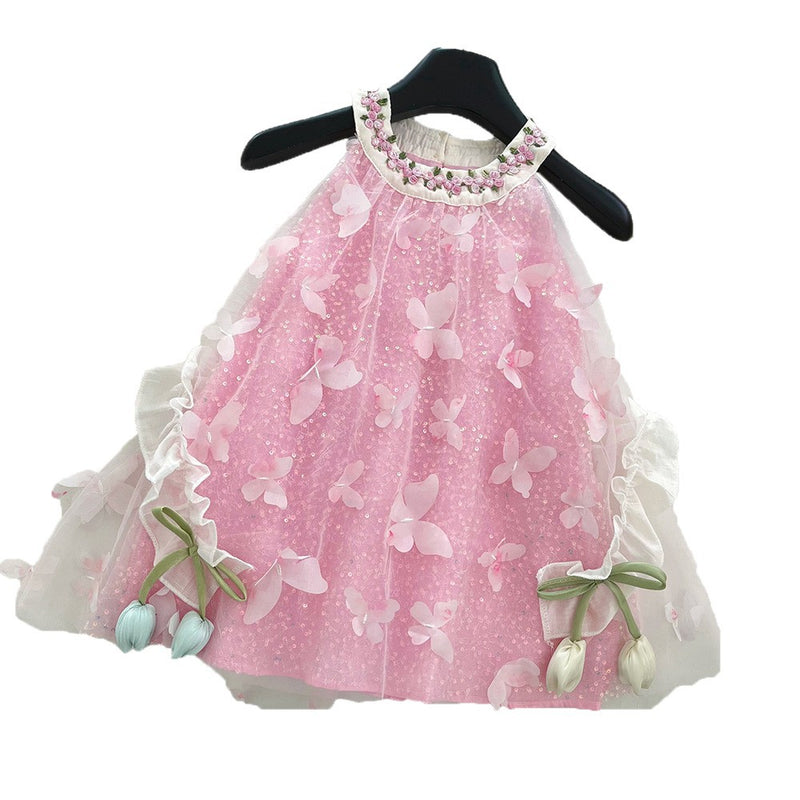 Girls Summer New Cute 3D Butterfly Lace Mesh Dress