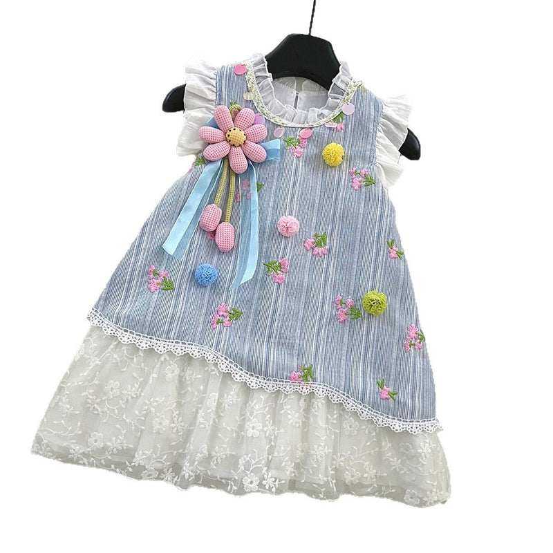 Summer Girls Flying Sleeve Lace Splicing Flower Princess Dress
