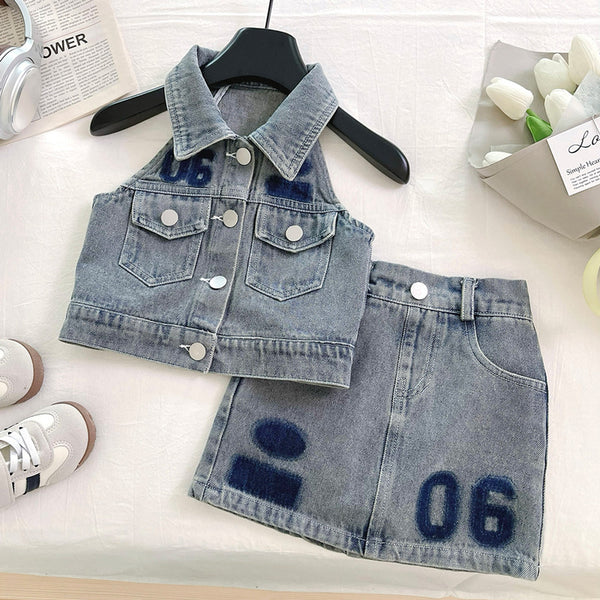 Summer Girls Soft Denim Vest Short Skirt Two-piece Set
