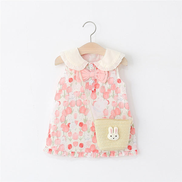 Girls Summer Floral Bow Bunny Ear Cotton Dress