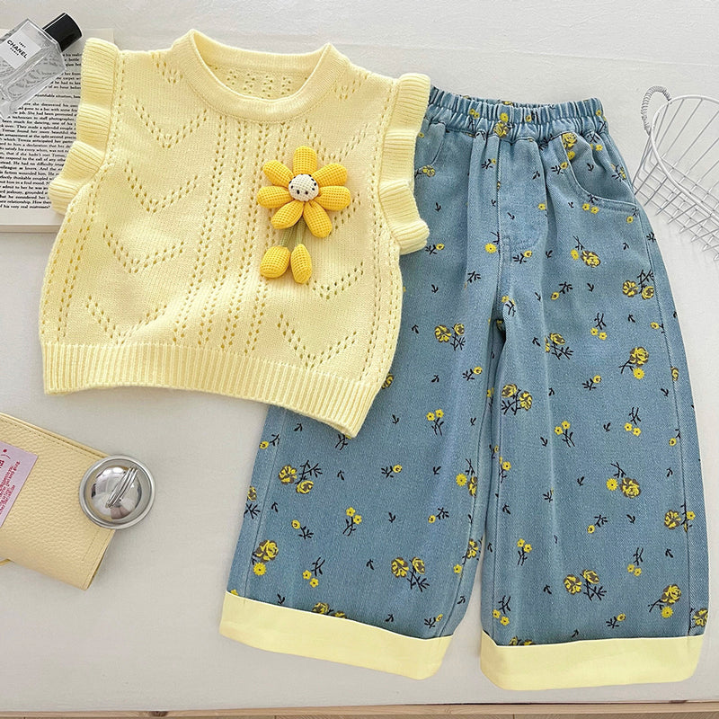 Girls' New Floral Sweater Shirt and Jeans Three-piece Suit