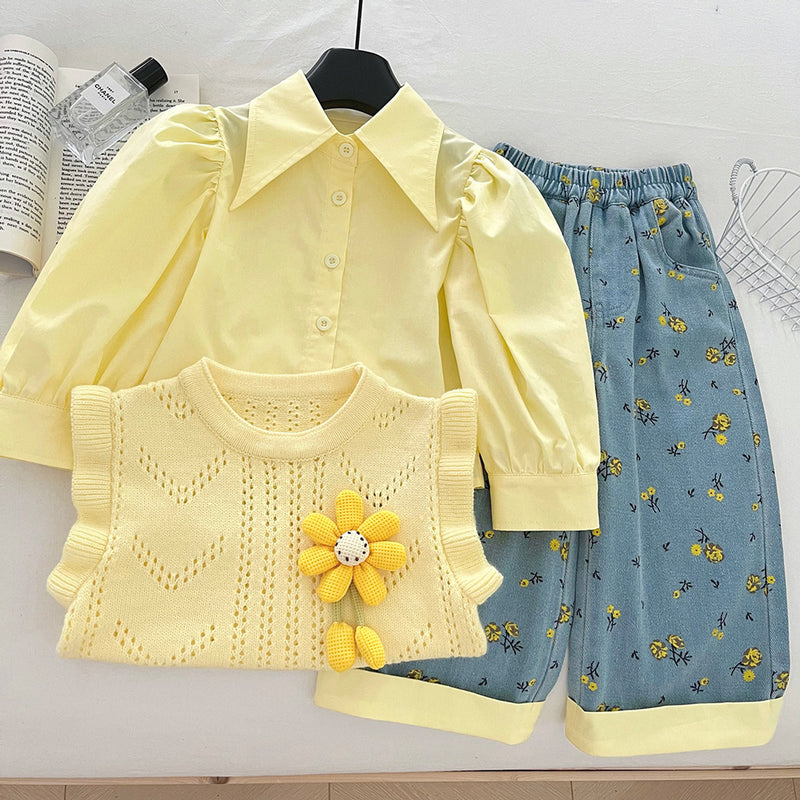 Girls' New Floral Sweater Shirt and Jeans Three-piece Suit