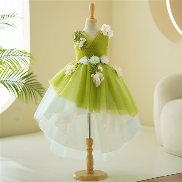 Summer Girls Flowers Green Sleeveless Mesh Princess Dress