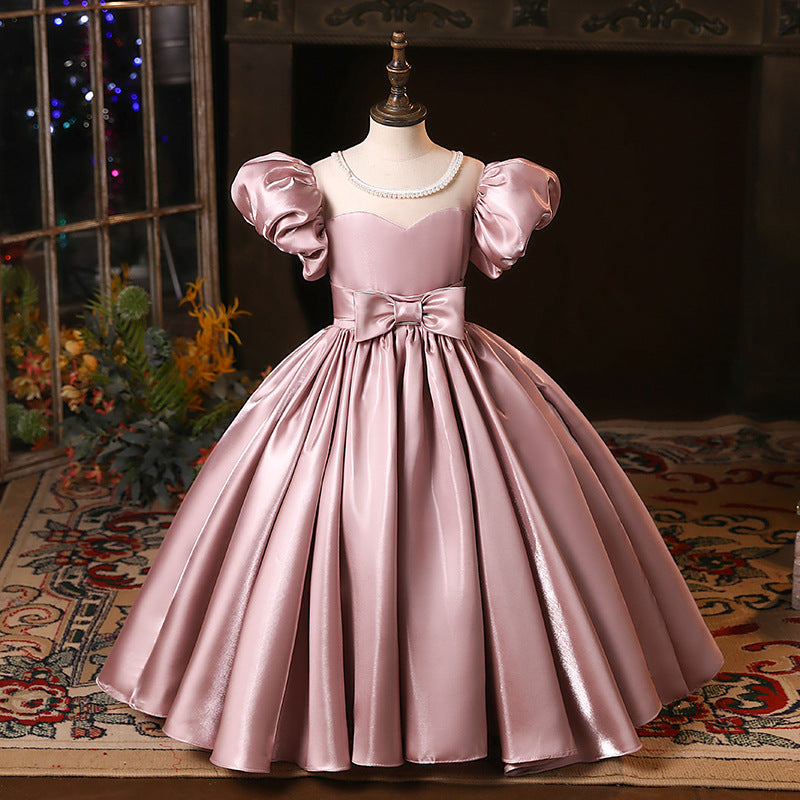 Baby Girl Birthday Party Pearl Tulle Puff Sleeve Princess Dress