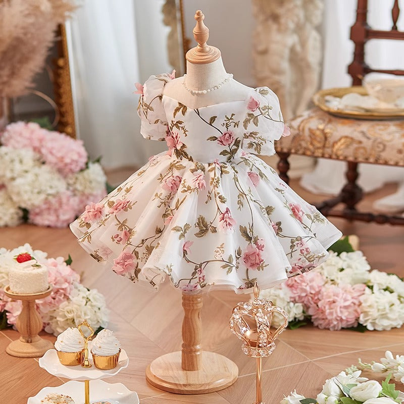 Elegant Baby Mesh Puff Sleeves Floral Birthday Party Dress Toddler First Communion Dress